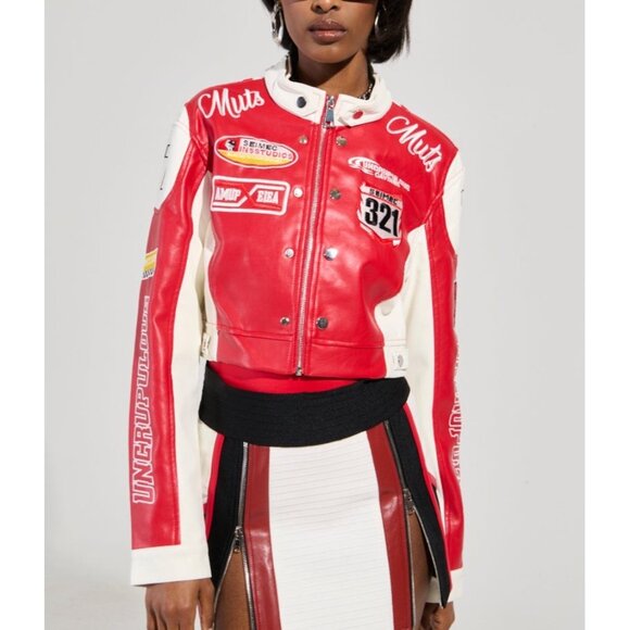 REV IT UP RACING MOTO IN RED Muts Ungenerous Studios faux Leather Racer Jacket W - Picture 6 of 6